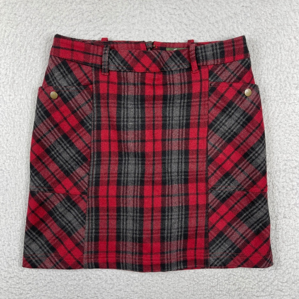 Eddie Bauer Plaid Mini Skirt Womens 2 Red Grey Wool Blend Lined Dark Academia